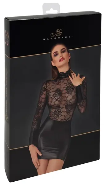 Noir Handmade Mini Dress L Floral Lace & Powerwetlook Black