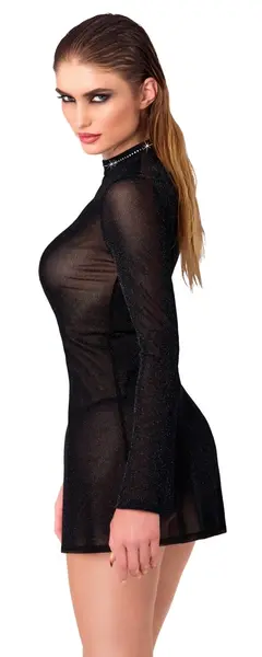 Noir Handmade Mini Dress XL with Flared Sleeves and Sparkling Details