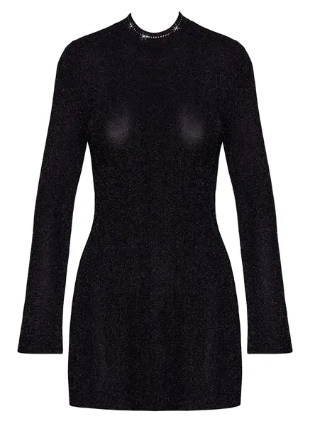 Noir Handmade Mini Dress L Black Sparkling Mesh Trumpet Sleeves