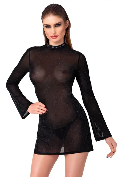 Noir Handmade Mini Dress S - Shimmering Black, Trumpet Sleeves