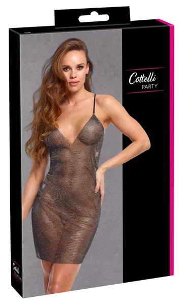 Cottelli PARTY Mini Dress S/M - Black Mesh with Colorful Rhinestones