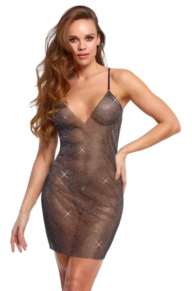Cottelli PARTY Mini Dress S/M - Black Mesh with Colorful Rhinestones