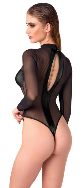 Noir Handmade Body Cross XL Black Transparent Bodysuit with Wetlook Inserts