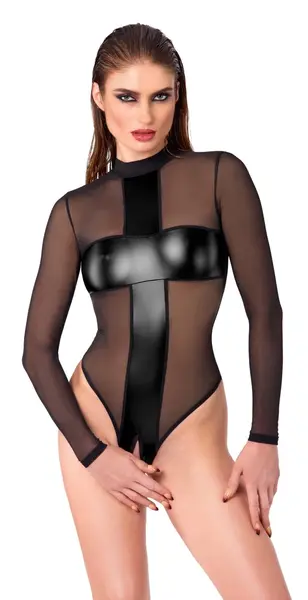 Noir Handmade Body Cross XL Black Transparent Bodysuit with Wetlook Inserts