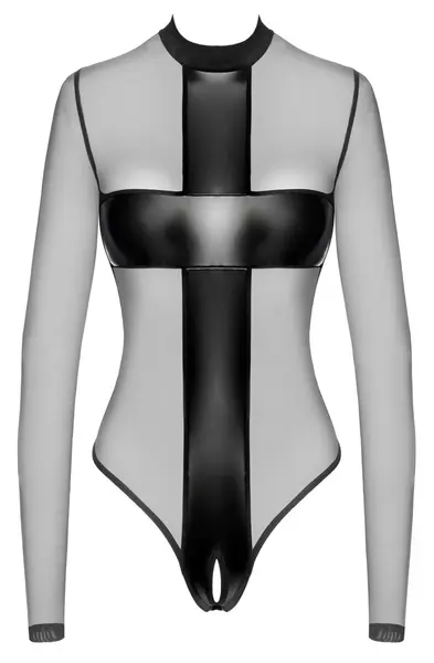 Noir Handmade Cross-Design Bodysuit M, Black, Sheer & Powerwetlook