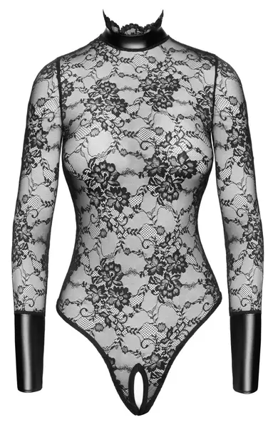 Noir Handmade Body Collar XL - Black Floral Lace Bodysuit with Stand-Up Collar