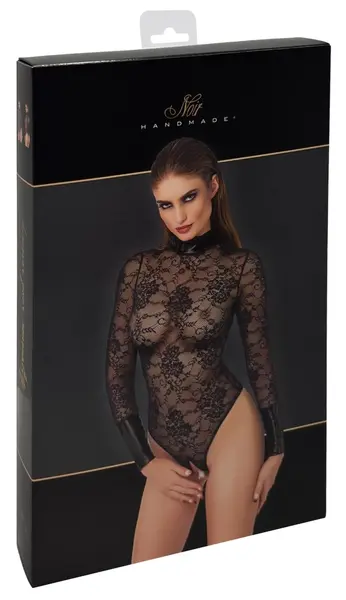Noir Handmade Body Collar S - Black Lace Powerwetlook Bodysuit, Size S