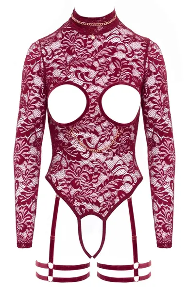 Abierta Fina Body Open Cup Burgundy Lace with Removable Chains L