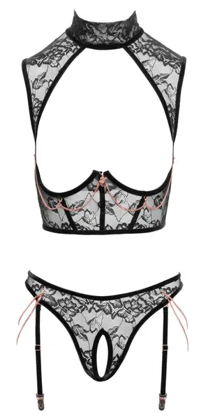 Abierta Fina Open Cup Floral Lace Lingerie Set with Rose Gold Chains L