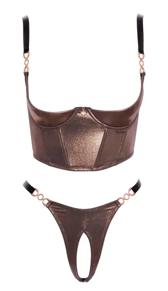 Abierta Fina Bronze Longline Shelf Bra & Crotchless Thong Set S