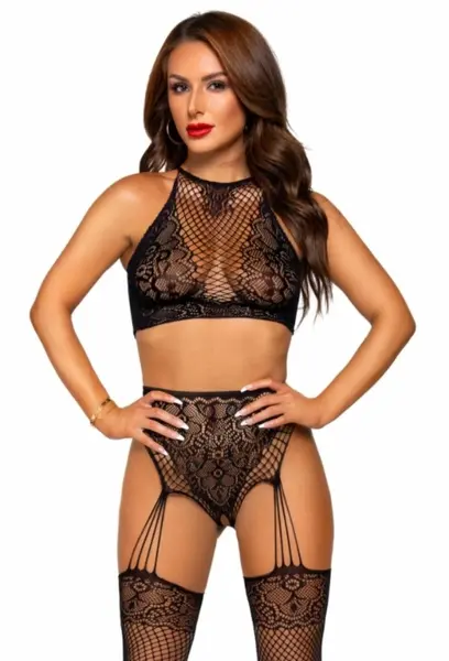 Leg Avenue Bodysuit Halterneck Lace & Garters Black Elegant Set