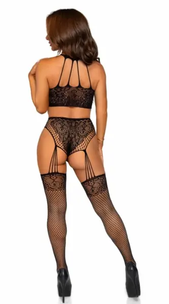 Leg Avenue Bodysuit Halterneck Lace & Garters Black Elegant Set