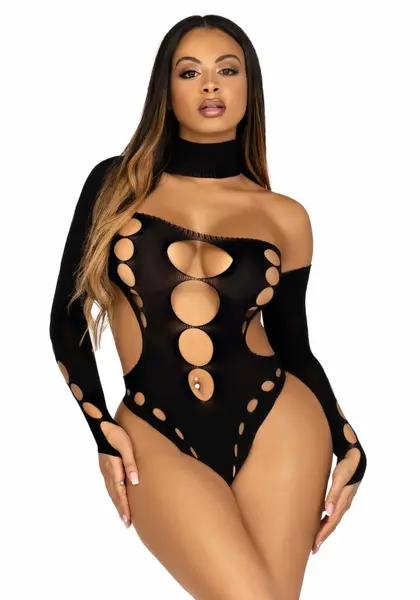 Leg Avenue Black Asymmetric Bodysuit with Open Back - Elegant Design One Size