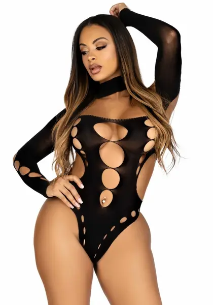 Leg Avenue Black Asymmetric Bodysuit with Open Back - Elegant Design One Size