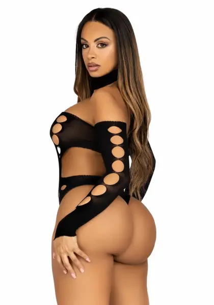 Leg Avenue Black Asymmetric Bodysuit with Open Back - Elegant Design One Size