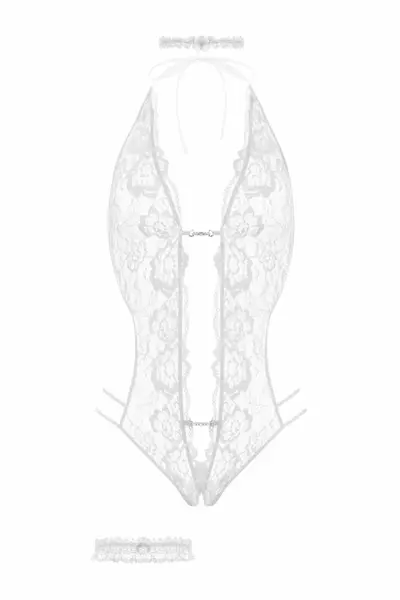 Renee Elegant Lace Bodysuit White - Floral Pattern, Open Design S/M