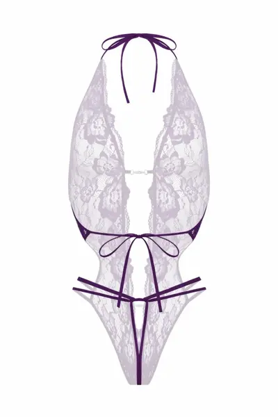 Renee Elegant Lace Bodysuit Purple - Openwork, Adjustable Straps L/XL