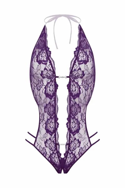 Renee Lace Thong Bodysuit Purple - Elegant Open Design, Rhinestone Detail S/M
