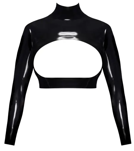 LateX Crop Top Black M - Stand-Up Collar, Long Sleeves, Open Front