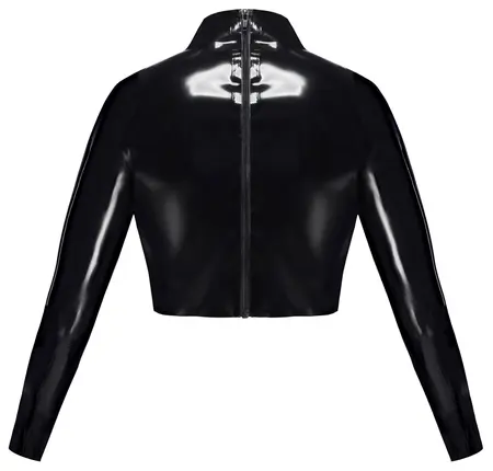 LateX Crop Top Black M - Stand-Up Collar, Long Sleeves, Open Front