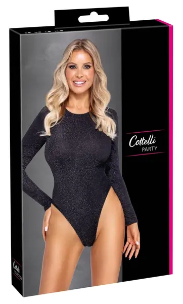 Cottelli PARTY Silver Glitter Long-Sleeve Bodysuit S, High Leg Cut