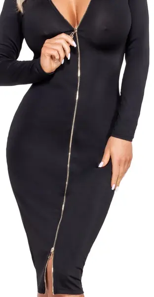 Cottelli PARTY Dress Zip M Black - Long-Sleeved Elegant Fitted Dress