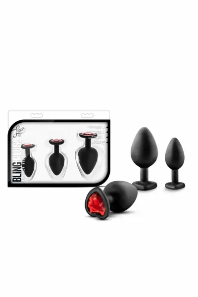Blush Luxe Bling Plugs Training Kit Black with Red Gem Set S/M/L
