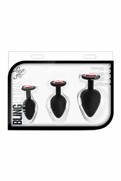 Blush Luxe Bling Plugs Training Kit Black with Red Gem Set S/M/L