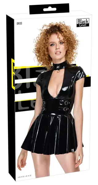 Black Level Vinyl Mini Dress S with Decorative Front Ring, Shiny Finish