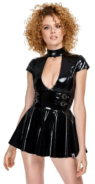 Black Level Vinyl Mini Dress S with Decorative Front Ring, Shiny Finish