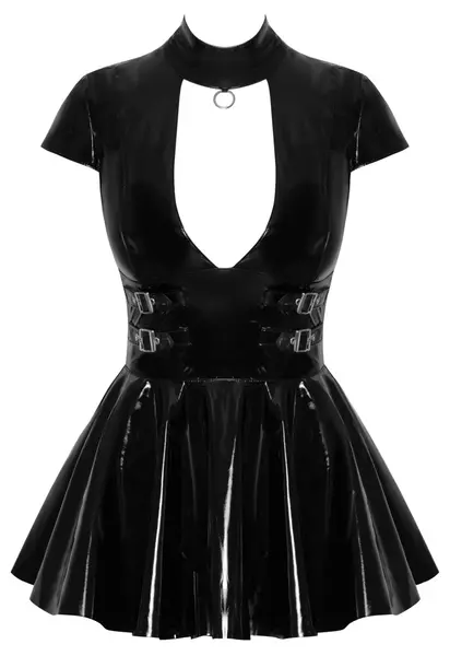 Black Level Vinyl Mini Dress S with Decorative Front Ring, Shiny Finish