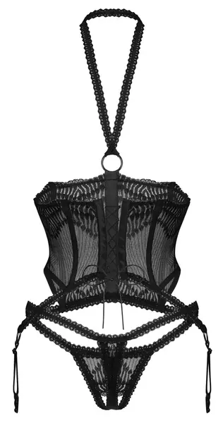 Obsessive Alliane Black Open Cup Basque Set 2XL/3XL Adjustable Fit