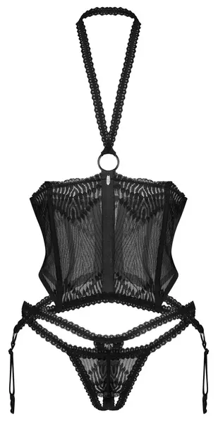 Obsessive Alliane Transparent Basque Set L/XL with Halterneck Black