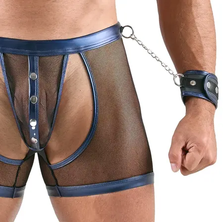Svenjoyment Bondage Set XL - Black Net & Metallic Blue Top, Pants, Cuffs