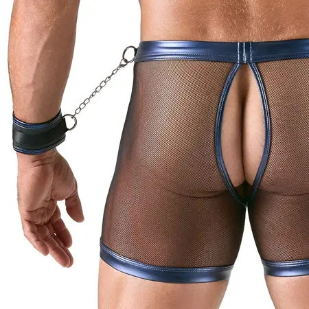 Svenjoyment Bondage Set XL - Black Net & Metallic Blue Top, Pants, Cuffs
