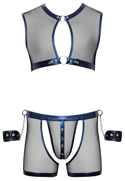 Svenjoyment Bondage Men’s Blue Net Top & Pants Set with Handcuffs M