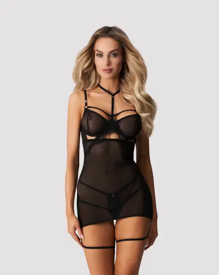 Obsessive Arrowel Chemise Black - Elegant Lace & Sheer Straps Design 2XL/3XL
