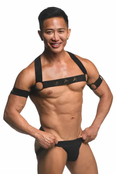 XR Brands Chest Harness & Arm Bands Black Adjustable Set 89-102cm