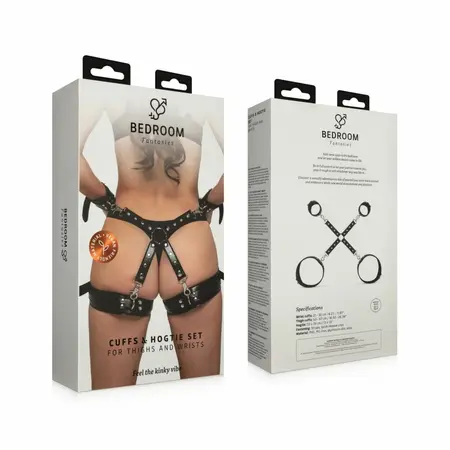Bedroom Fantasies Cuffs & Hogtie Set Black - Adjustable PU Leather System