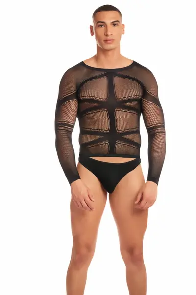 Rene Rofe Cam Boy Set Black - Two-Piece Mesh Shirt & Slip for Men