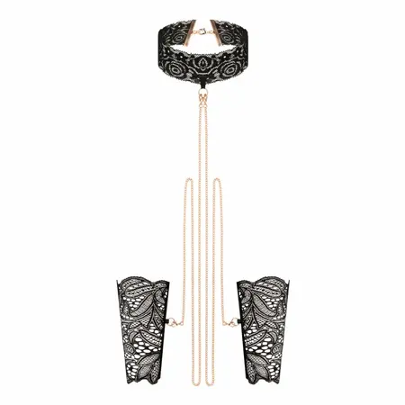 Rosy Gold Lace Cuffs & Collar Set Black - Elegant Gold Chain Detail