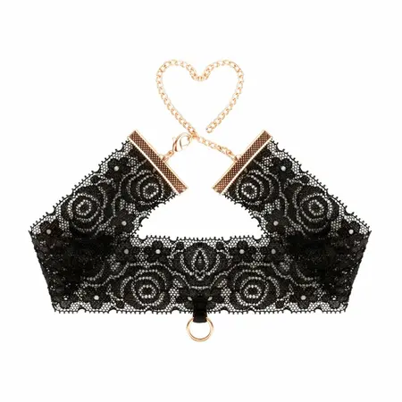 Rosy Gold Lace Cuffs & Collar Set Black - Elegant Gold Chain Detail
