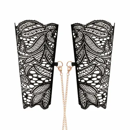 Rosy Gold Lace Cuffs & Collar Set Black - Elegant Gold Chain Detail
