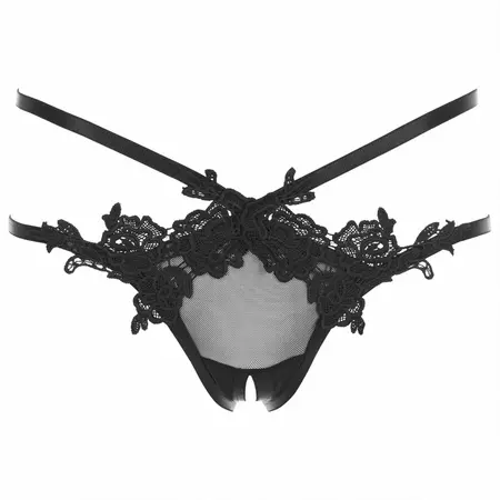 I Like It Rough Black Lace String with Floral Accents & Open Design