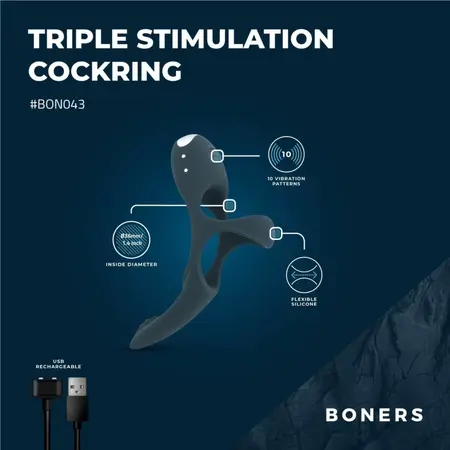 Boners Triple Ring Blue - Silicone Intimate System, USB Rechargeable
