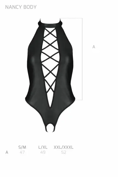 Passion Nancy Bodysuit Black Wetlook with Strap Design, One Size