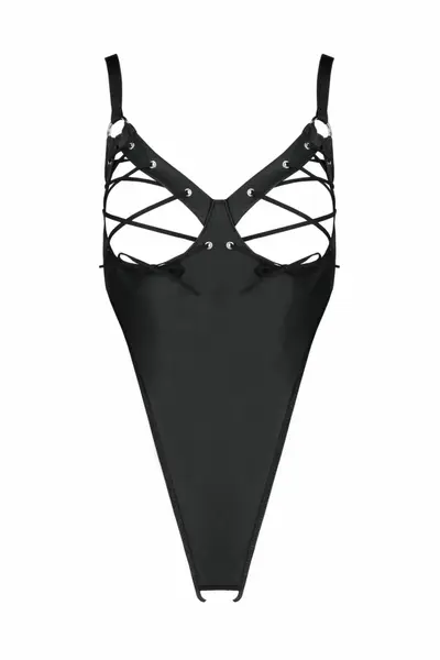 Lolitta Celine Bodysuit Black - Adjustable Straps, Open Design, Imitation Leather