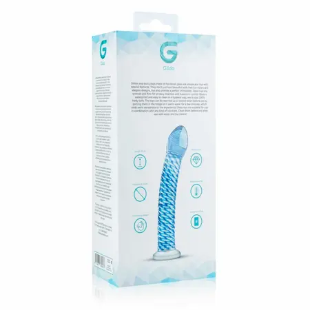 Glas Curved Glass Intimate Device No. 5 - Transparent with Blue Accents, Ribbed Shaft