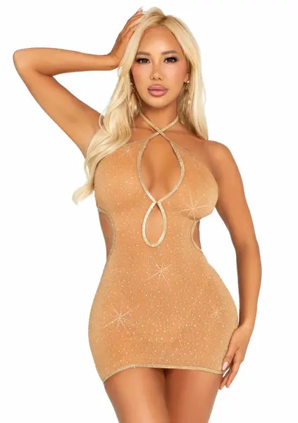 Leg Avenue Lurex Rhinestone Halter Dress Keyhole Sheer Silver S/M
