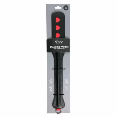 Ouch! Long Leather Paddle Black-Red with Decorative Heart Cut-Outs 32cm